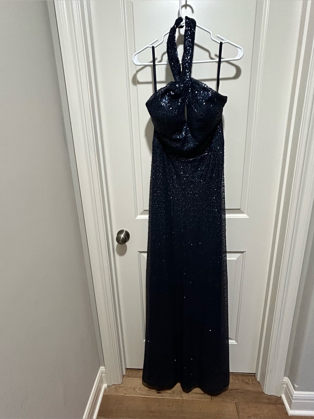 Morilee Madeline Gardner women’s size 12 Navy Sequined Halter Evening Gown